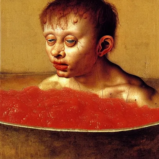 Prompt: a boy sitting in a tub full of tomato sauce, by giuseppe arcimboldo and ambrosius benson, renaissance, highly detailed, a touch of beksinski, fruit, intricate and intense oil paint, realistic