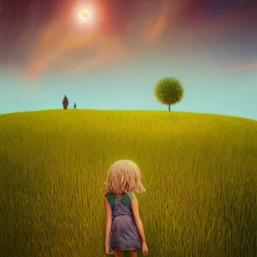 Image similar to giant daisy flowers as a head, girl walking in wheat field, hills, surreal photography, dark night, star trails, impressionist painting, dramatic clouds, digital painting, artstation, simon stalenhag