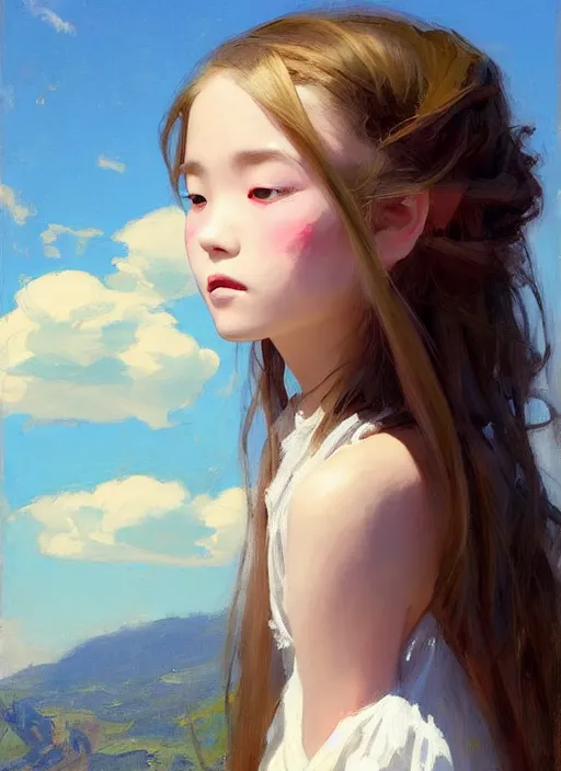 Image similar to portrait of girl dressed in white clothes meeting big Totoro, countryside, fantasy character portrait, dynamic pose, above view, view from above, sunny day, thunder clouds in the sky, artwork by Jeremy Lipkin and Giuseppe Dangelico Pino and Michael Garmash and Rob Rey and John Marshall Gamble, very coherent symmetrical artwork, perfect face, simple form, 100mm