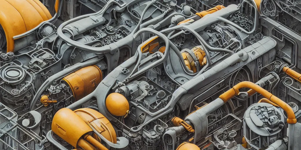 Prompt: collection of exploration of form and shapes, moebius, engine, props, hard surface, panel, simon stalenhag, kitbash, items, gadget, big medium small, close up, vehicles, futuristic, parts, machinery, greebles, insanely detailed, case, hardware, golden ratio, wes anderson color scheme, in watercolor gouache detailed paintings, sleek design, clear