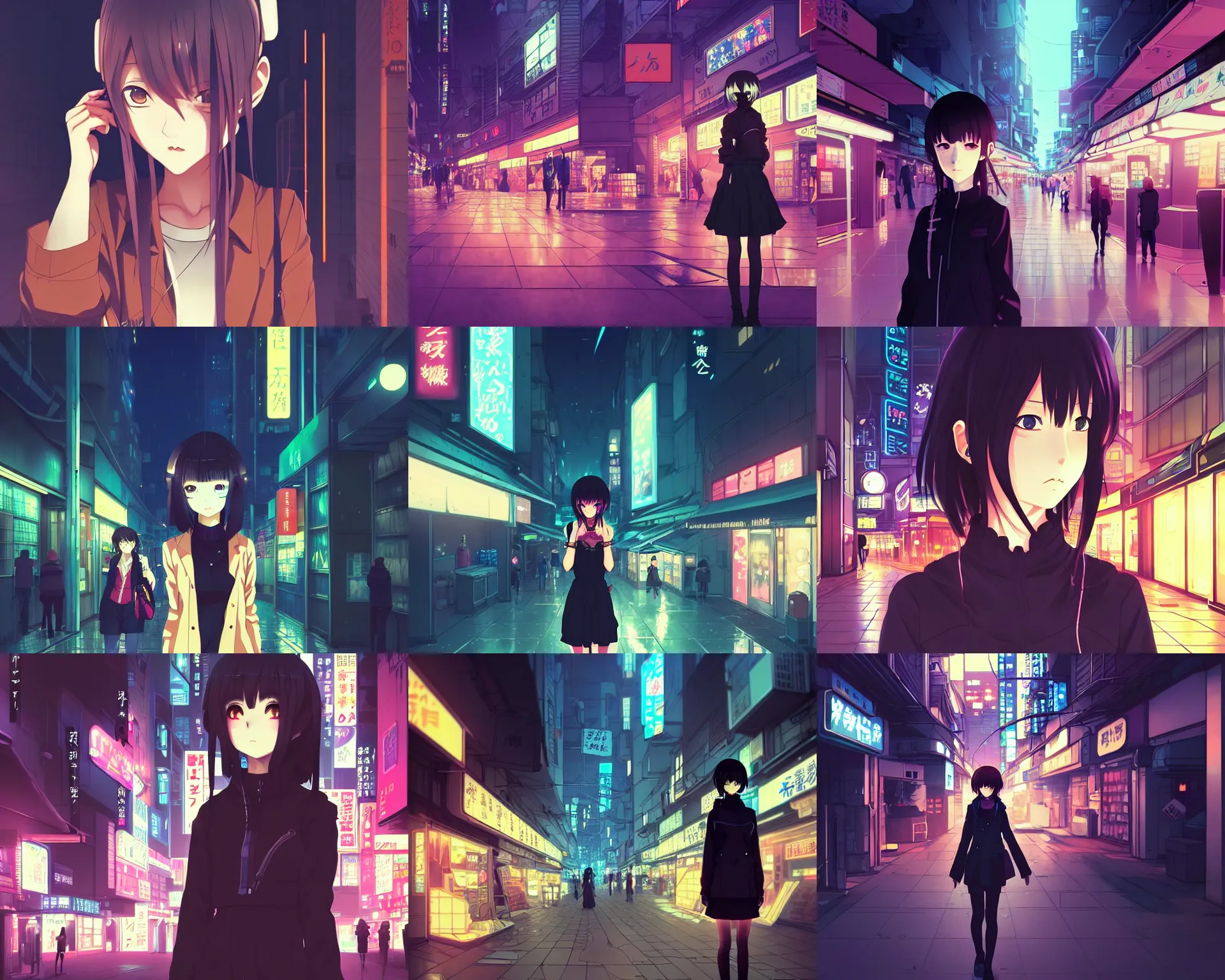 Prompt: anime visual, dark portrait of a young female traveler in a cyberpunk city at night shopping, low light, cute face by ilya kuvshinov, yoh yoshinari, makoto shinkai, dynamic pose, dynamic perspective, cel shaded, flat shading mucha, rounded eyes, moody, detailed facial features, psycho pass, lomography