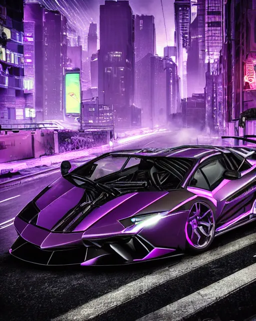 Image similar to hyper detailed purple lamborghini transformer, mecha cyberpunk city street background, 8 k photograph, dramatic lighting,