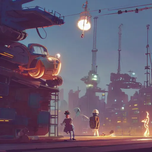 Image similar to sci - fi steampunk construction site with robotic construction vehicles with happy faces, cory loftis, james gilleard, atey ghailan, makoto shinkai, goro fujita, studio ghibli, rim light, exquisite lighting, clear focus, very coherent, plain background