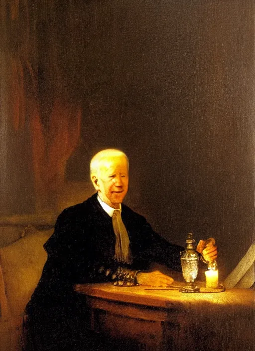 Prompt: oil painting of Joe Biden sitting on a table by candle light, by Rembrandt van Rijn, claire obscure