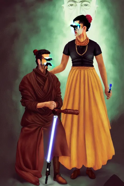 Prompt: photo of frida kahlo having a conversation with walter white! dream breathtaking detailed concept art painting of a jedi dilma rousseff holding a lightsaber, by hsiao - ron cheng, exquisite detail, extremely moody lighting, 8 k