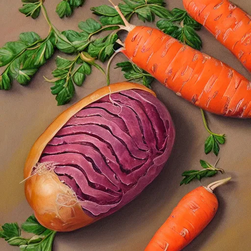 Image similar to A very beautiful and detailed botanic painting of potato, carrot, onion and beef. Professional, high quality, high resolution, professional photography, 8k, food photography