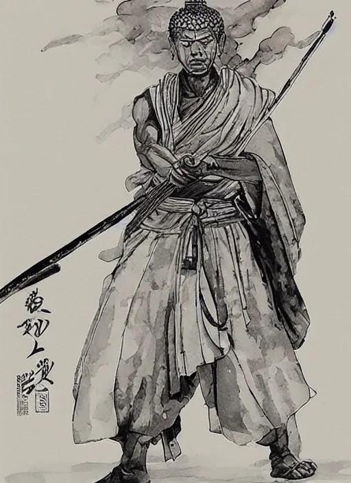 Image similar to a buddhist warrior with a spear, by takehiko inoue and kim jung gi, masterpiece ink illustration