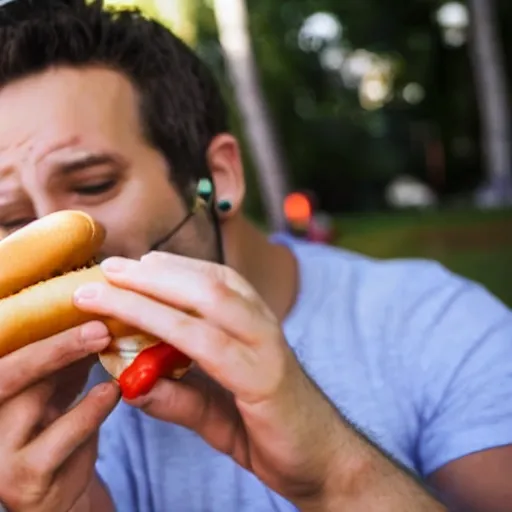 Image similar to man sticking a hot - dog into his ear