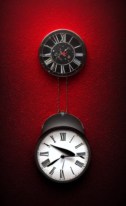 Image similar to a melting Roman numeral clock, behind a red and black gradient background, awith a black heart shaped on the top left corner and a black diamond card shape in the bottom right corner, dynamic lighting, photorealistic fantasy concept art, trending on art station, stunning visuals, cinematic, creative, ultra detailed