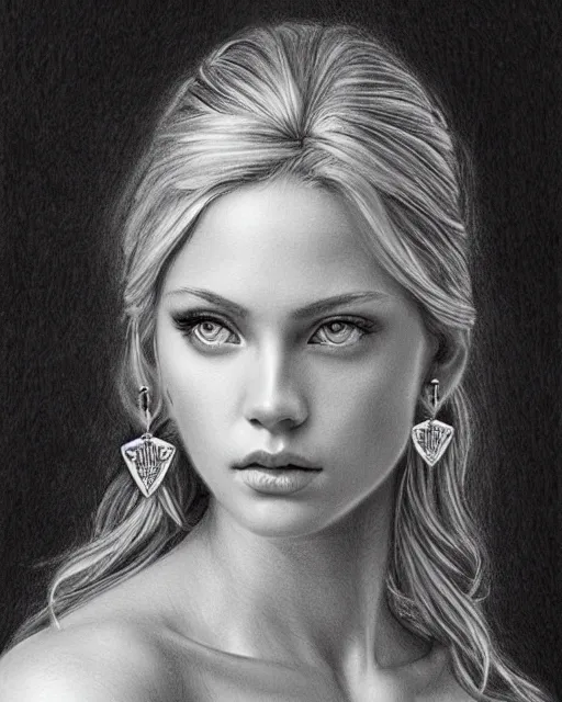 Image similar to pencil drawing of a beautiful greek goddess aphrodite with arrowhead earrings, beautiful piercing eyes, beautiful blonde hair, hyper realistic face, in the style of greg rutkowski, fantasy, amazing detail, epic, elegant, smooth, sharp focus, from the front