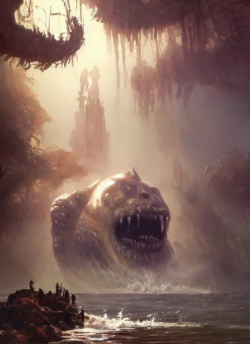 Image similar to huge towering alien brute demon king emerging from lake on sunny day, splashing, partially submerged, by sergey kolesov and lawrence alma tadema and norman rockwell and greg staples and craig mullins and john berkey and ruan jia, artstation creature art