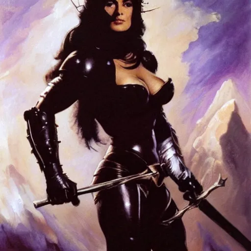 Image similar to a frank frazetta oil painting of selina gomez as a beautiful muscular salma hayek wearing black armor holding a large battle axe, dynamic shot, hd 4 k, intricate, highly detailed, atmospheric, sharp