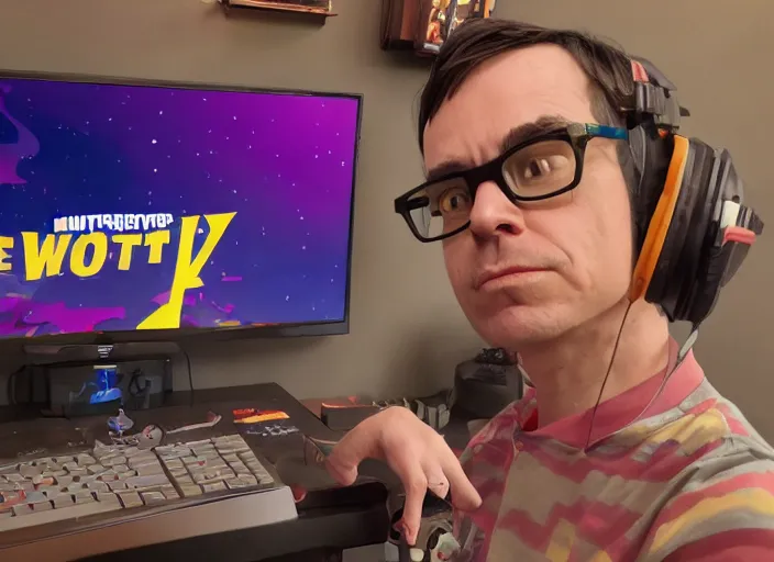 Prompt: rivers cuomo playing fortnite, 8k, no gold, no gold colours, art by Akihiko Yoshida, Greg Rutkowski