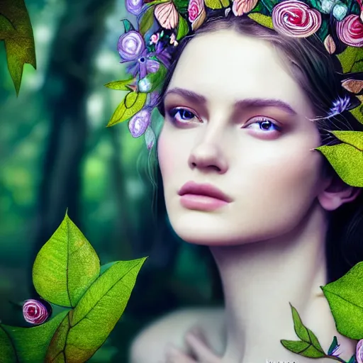 Image similar to a picture of a beautiful woman clothed in flowers and leaves standing in an enchanted forest, high fantasy, elegant, epic, detailed, intricate, digital painting, concept art, realistic detailed face, smooth, focus, rim light, detailed 8 5 mm f / 1. 4, anamorphic lens,