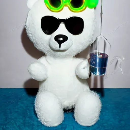 Prompt: cute little white polar bear with sunglasses, party, disco lights, drinking cocktail