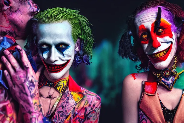 Image similar to 35mm color, illegal rave, portrait of Joker and Harley Queen, fashion shoot, freak show, hyperdetailed, photorealistic, interesting, by David la chapelle and les edwards and david cronenberg and WETA digital, ID magazine, octane rendering, cinematic, hyperrealism, octane rendering, 8k, depth of field, bokeh.