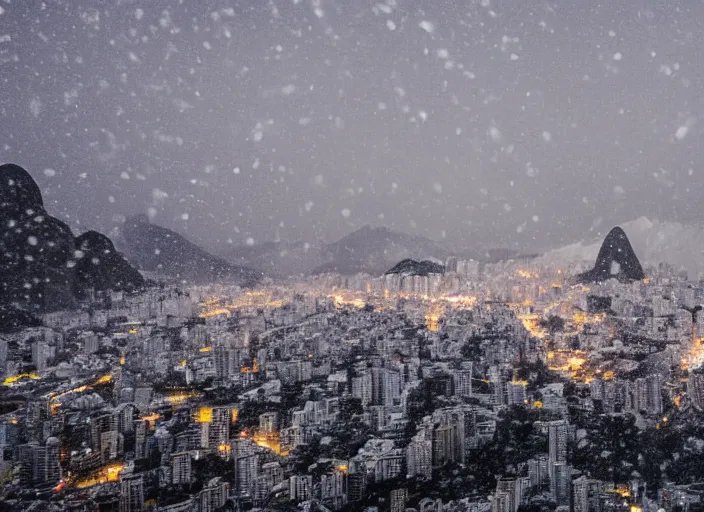 Image similar to rio de janeiro city snowing with a lot of snow, mountains full of snow, photography award photo, 4 k