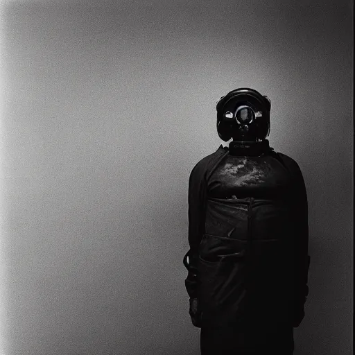 Image similar to portrait of a man with gasmask in the empty room, black & white photo by annie leibovitz