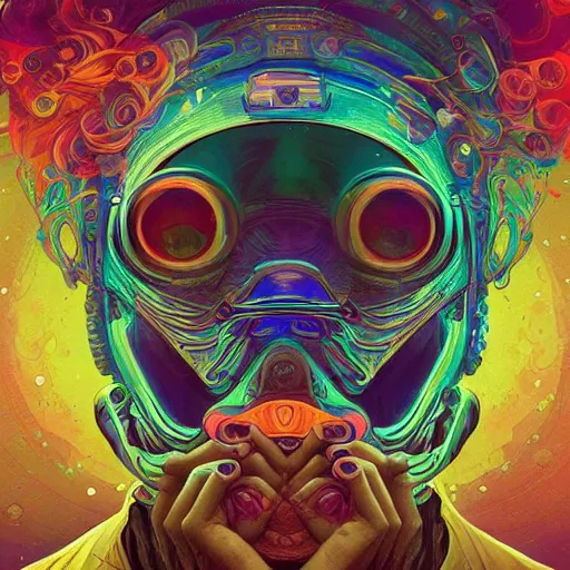 Image similar to An extremely psychedelic experience, colorful, surreal, dramatic lighting, cosmonaut, LSD, face, detailed, intricate, elegant, highly detailed, digital painting, artstation, concept art, smooth, sharp focus, illustration, art by Sam Spratt, Dan Mumford, Artem Demura and Alphonse Mucha