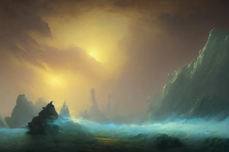 Image similar to a beautiful oil painting landscape on an alien planet with death, large death exploding, by ivan aivazovsky, randy gallegos and jc leyendecker and craig mullins, moebius and raphael lacoste, concep art wallpaper 4 k, trending on artstation, concept art, cinematic, unreal engine, trending on behance