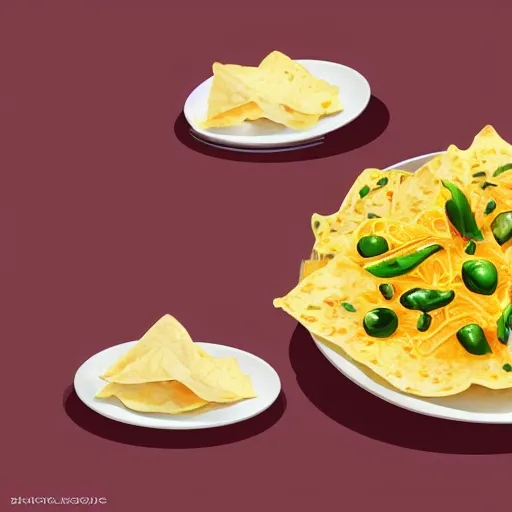 Image similar to ultra realistic illustration, isolated nachos with cheese and jalapeno, blank white background, highly detailed, digital painting, concept art, smooth, sharp