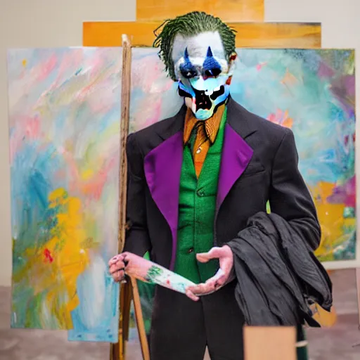 Image similar to photograph of the joker ( 2 0 1 9 ) as a professional artist, standing at an easel with paint, photograph, 3 5 mm, 8 k