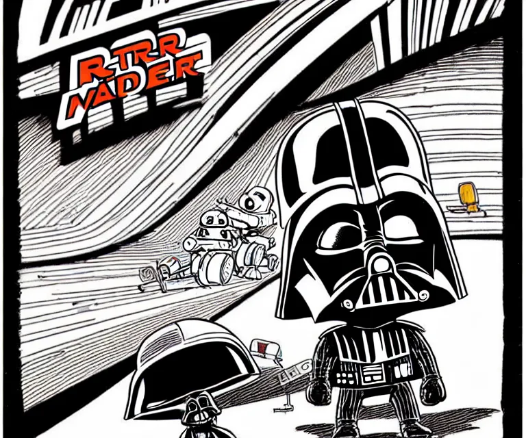 Prompt: cute and funny, darth vader, wearing a helmet, driving a hotrod, oversized enginee, ratfink style by ed roth, centered award winning watercolor pen illustration, isometric illustration by chihiro iwasaki, the artwork of r. crumb and his cheap suit, cult - classic - comic,