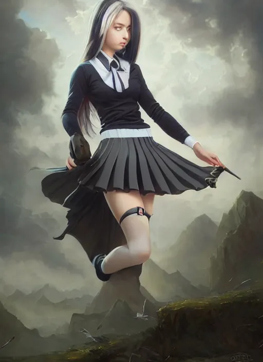 Image similar to a beautiful woman with school uniform, seifuku, pleated miniskirt, overknee socks, adriana lima, painted by artgerm and tom bagshaw, fantasy art, dramatic lighting, highly detailed oil painting, volumetric lighting