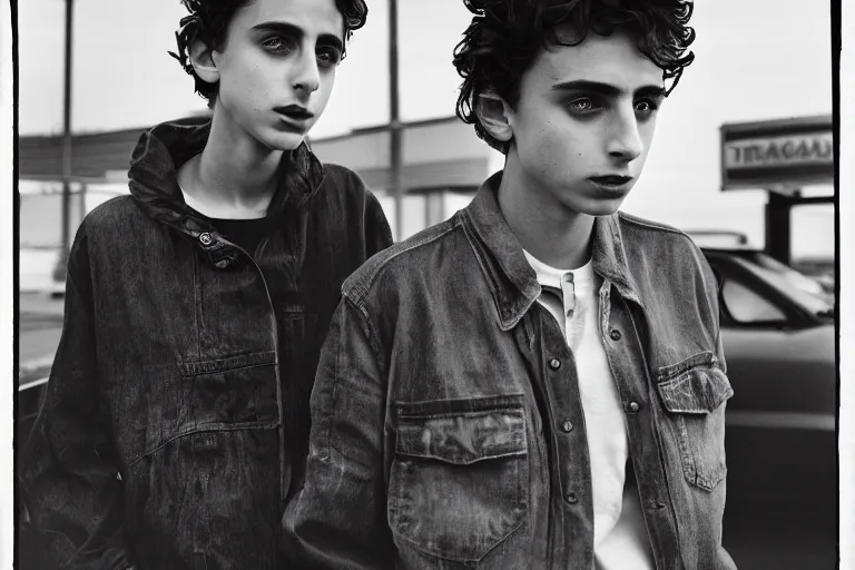 Prompt: timothee chalamet at a truck stop, ominous lighting, by richard avedon, tri - x pan stock