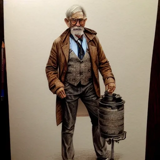 Image similar to hyper realistic full figure pencil drawing of an older man steampunk, water color, detailed, rim light, diffused, intricate, by anna dittmann,