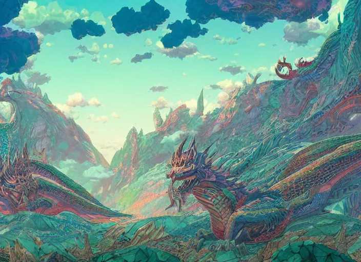 Image similar to psychedelic concept art of a dragon landscape made of thousands of dragons, cel shaded, in the style of makoto shinkai and moebius and peter mohrbacher and anton fadeev