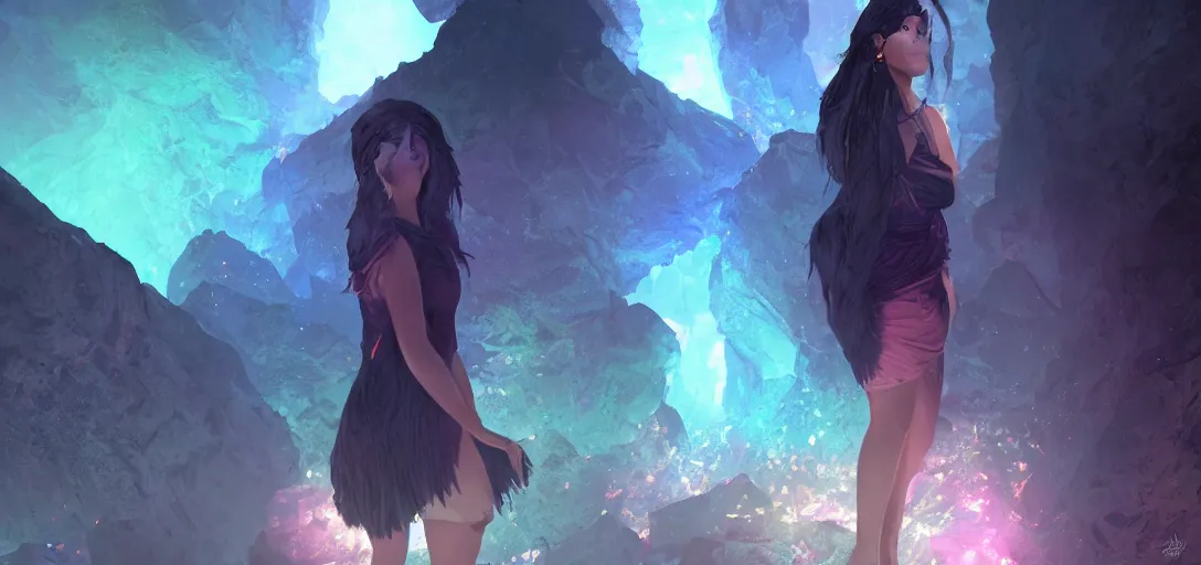 Prompt: Full body portrait of a Himalayan woman in a sleeveless dress,exploring a cave with glowing crystals, dark colors, ominous, somber, detailed, by Studio trigger, wojtek fus, by Makoto Shinkai and Ilya Kuvshinov