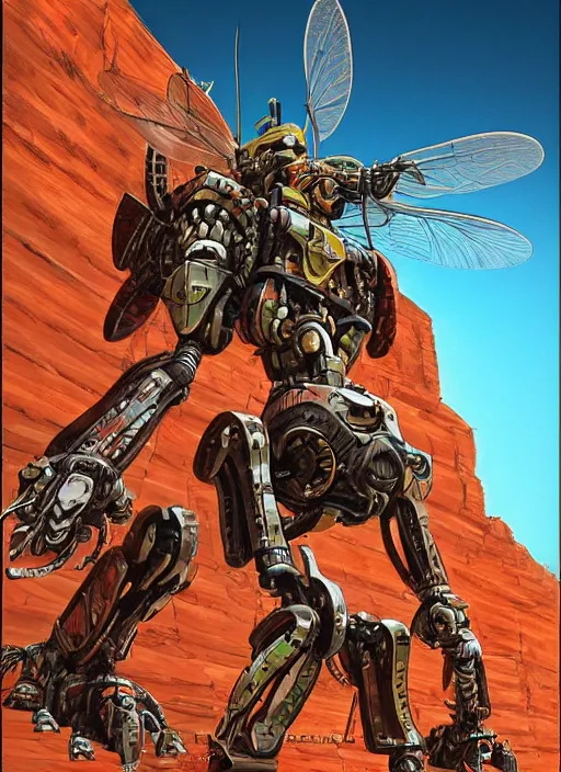 Image similar to realistic physically based rendering of a giant mechanical robot wasp at the grand canyon by jack kirby!!! and simon bisley, epic, awesome trendy color palette, cinematic, diorama