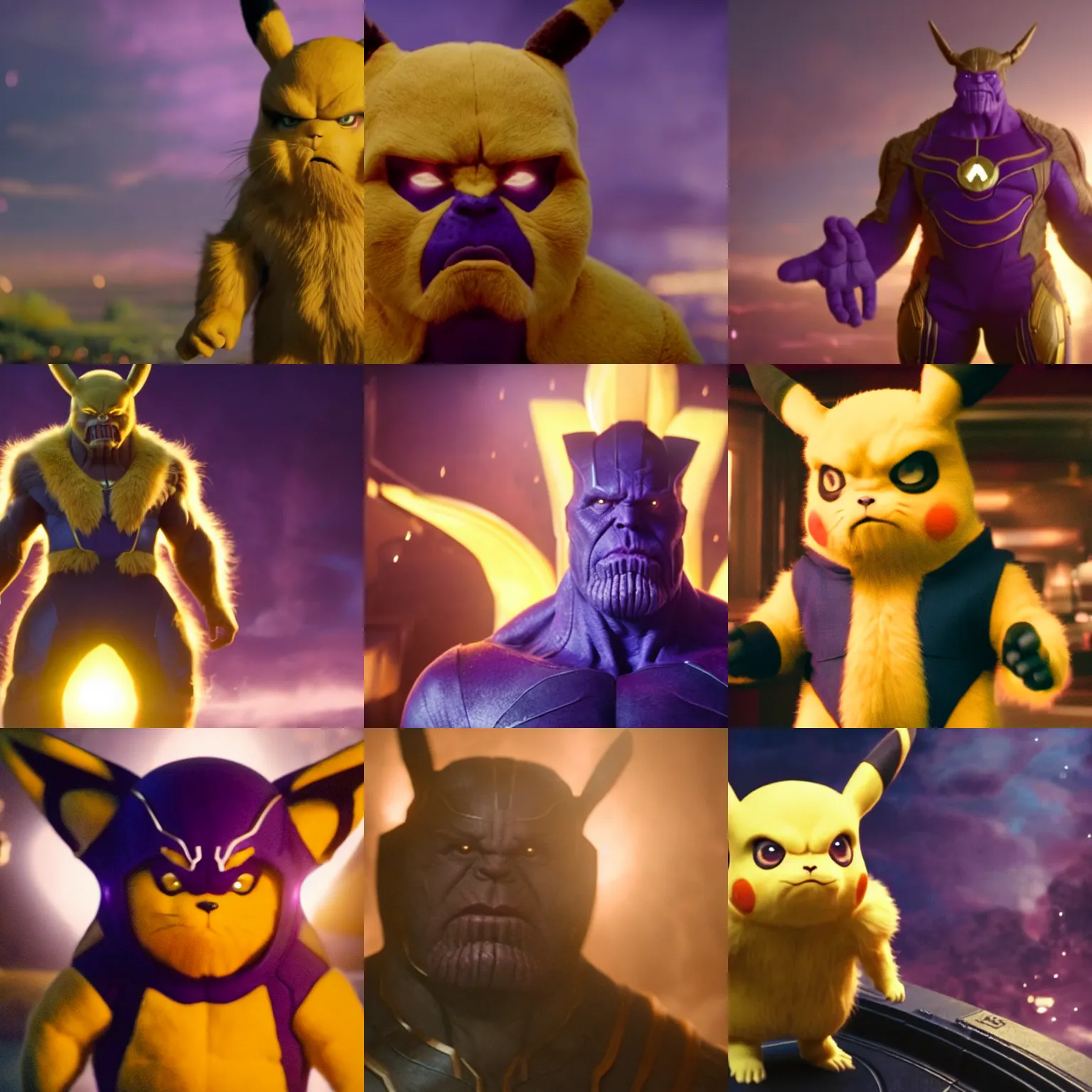 Prompt: thanos in pikachu costume with fur and big ears , backlight cinematic medium shot film still from avengers endgame