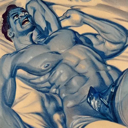 Prompt: photo shot of muscular genie with blue skin covered in oil laughing, posing in bed, morning sunlight, detailed, realistic, in style of j. c. leyendecker