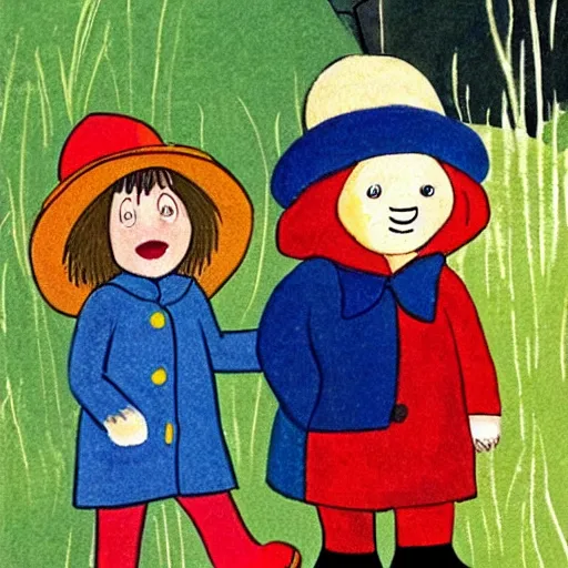 Image similar to an illustration from a children's book featuring paddington bear and pippi