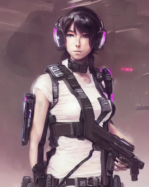 Image similar to anime key visual of a young female swat officer, neon, cyberpunk, futuristic, white top, black vest, stunning, highly detailed, digital painting, artstation, smooth, soft focus, illustration, art by artgerm and greg rutkowski and alphonse mucha