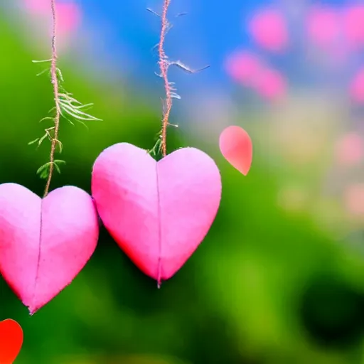 Prompt: A picture of a delicate plant that has hearts as the flowers. Some hearts are flying away from the plant in the background with the wind