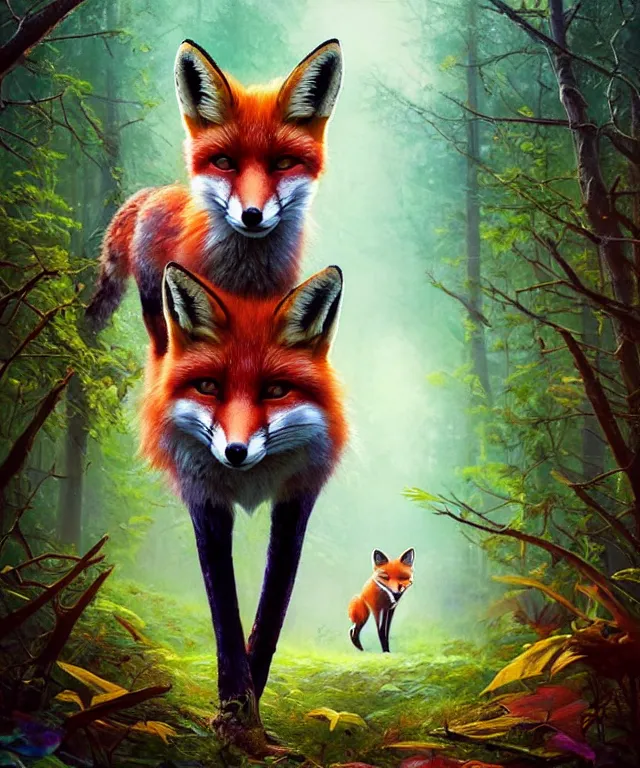 Image similar to a single realistic fox, walking through a psychedelic forest, wide angle landscape shot, pixar style by tristan eaton, artgerm and tom bagshaw