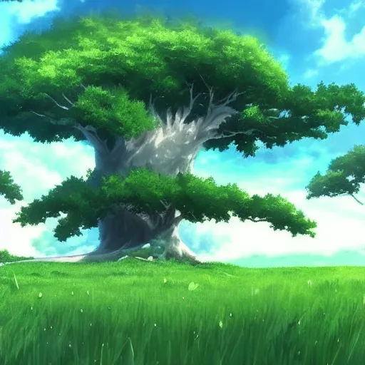 Image similar to big white whale flying near giant tree in the green field, anime, HD,