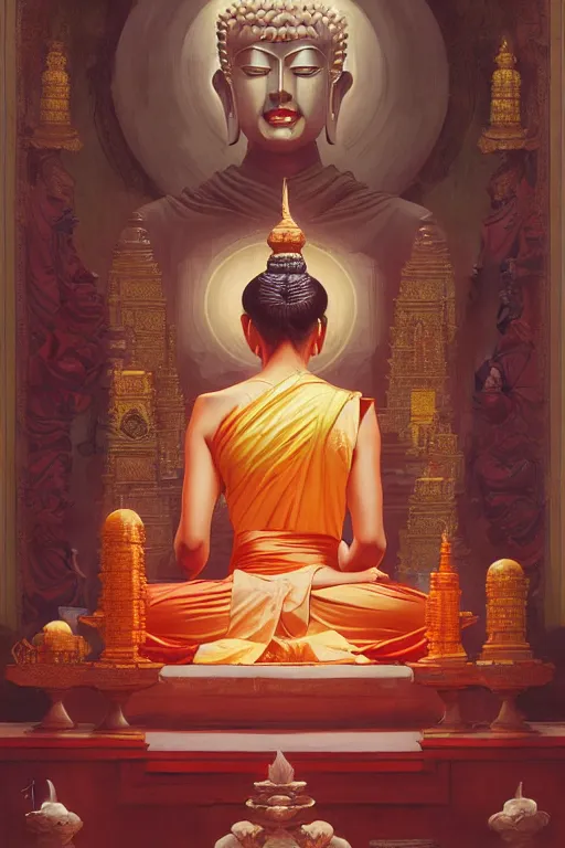 Image similar to temple, buddhism, painting by greg rutkowski, j. c. leyendecker, artgerm