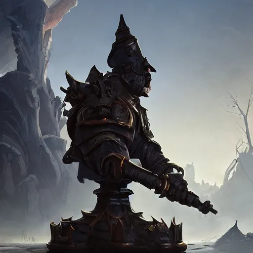 Prompt: a giant black chess bishop statue, battlefield background, bright art masterpiece artstation. 8 k, sharp high quality artwork in style of jose daniel cabrera pena and greg rutkowski, concept art by tooth wu, hearthstone card game artwork, chess piece