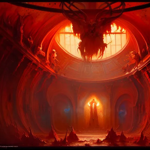 Prompt: a chapel's ceiling is broken in half as a red magical portal from hell opens up there and demons with lucifer start pouring in. highly detailed painting by gaston bussiere, greg rutkowski, craig mullins 8 k