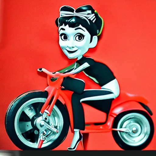 Image similar to audrey hepburn cos play car mechanic, stop motion vinyl action figure, plastic, toy, butcher billy style