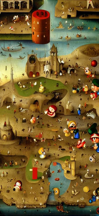 Image similar to detailed digital oil painting by hieronymus bosch of a scene from super mario bros