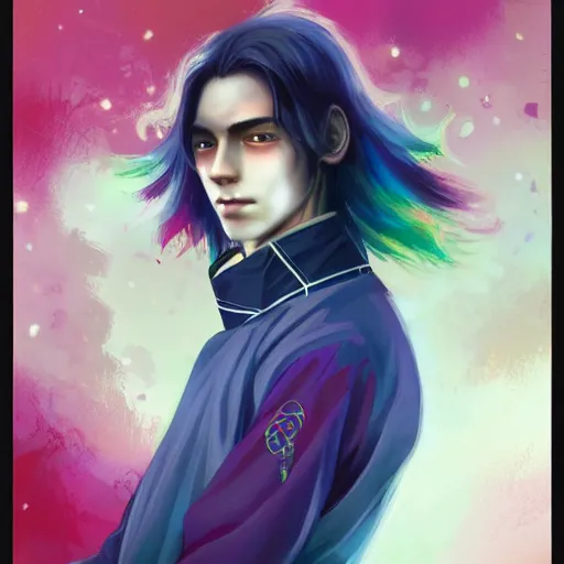 Image similar to colorful and festive captivating teenager boy with straight indigo hair, purple eyes with red eye markers, slim body, wearing a detailed japanese kimono. rich vivid colors, ambient lighting, dynamic lighting, 4 k, atmospheric lighting, painted, intricate, highly detailed by charlie bowater