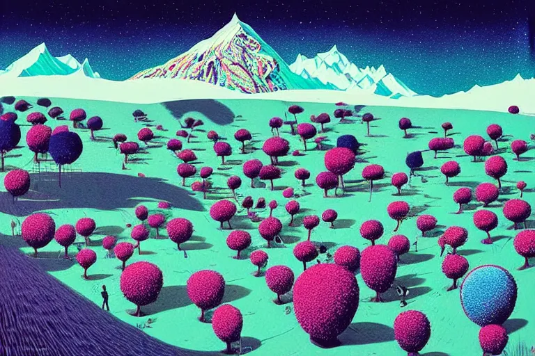 Image similar to surreal glimpse into other universe, himalaya with snow ice cream, summer morning, very coherent and colorful high contrast, art by!!!! gediminas pranckevicius!!!!, geof darrow, floralpunk screen printing woodblock, dark shadows, hard lighting, stipple brush technique,