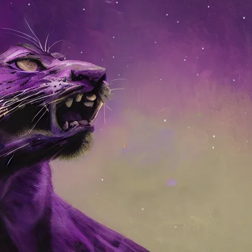 Prompt: closeup of a purple panther roaring at the moon in the forest. night. large moon in the center. z. ara. cinematic. painting. concept art. rustic. gritty.