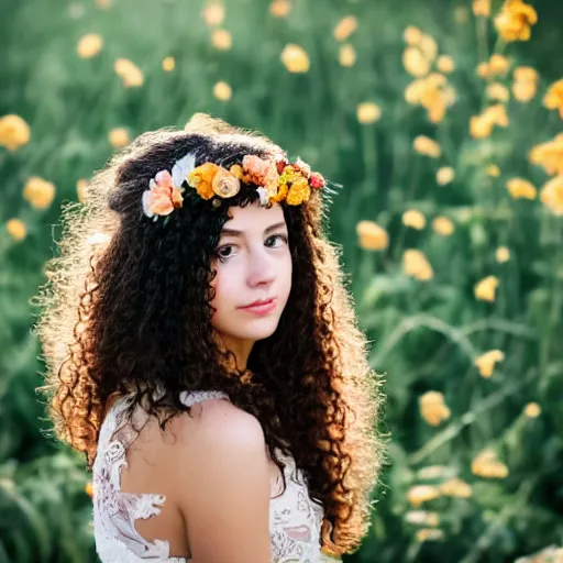 Image similar to a portrait of a young girl with curly long hair and birds on her head, there's flowers everywhere, very beautiful ambient light with sun rays hitting her hair, 8k photography, wedding photography