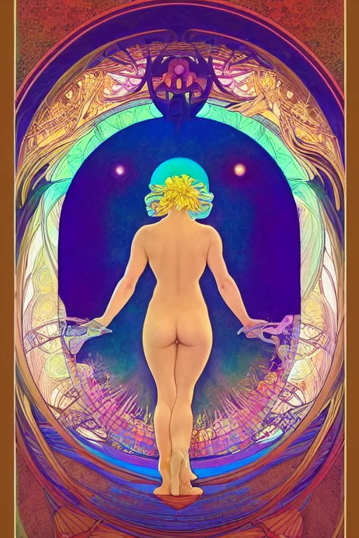 Image similar to beautiful goddess of space and dreams by maxfield parrish and artgerm and alphonse mucha, wide angle, mandala, coherent design, perfect symmetry, vivid colors, digital watercolor ink illustration painting, complementary color, golden ratio, detailed, sharp lines, sharp focus, intricate, rainbowshift, octane render